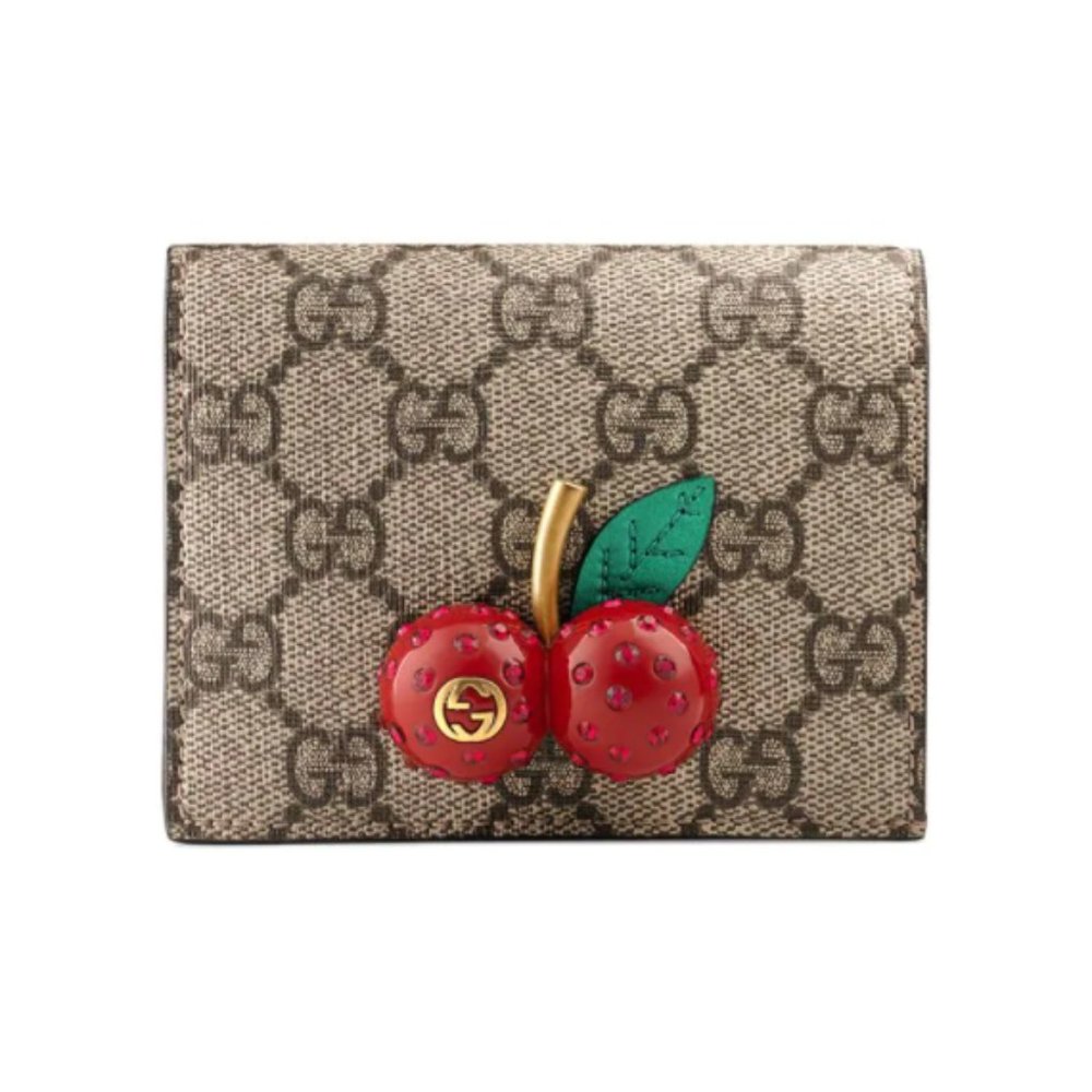 Gucci GG Supreme Card Case with Cherries in Beige